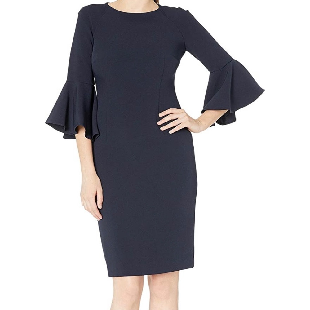 TahariASL Navy Bell Sleeve Stretch Crepe Dress sz2